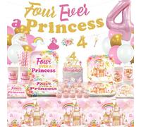 Decoraciones de cumpleaños de Four Ever a Princess, incluye pancarta, platos, servilletas, adornos para tartas, globos, manteles, suministros para 4º cumpleaños