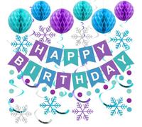 Decoraciones de cumpleaños de Frozen para niñas y mujeres, pancarta de feliz cumpleaños con bolas de panal, remolinos colgantes de copo de nieve, decoraciones de guirnalda de puntos circulares,