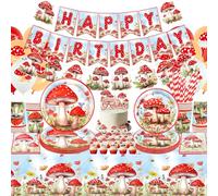Decoraciones de cumpleaños de hongos, decoración de fiesta de hongos, platos, tazas, servilletas, mantel, pancarta de feliz cumpleaños, decoración de pastel de globos, suministros de fiesta temática
