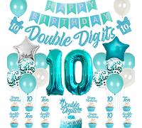 Decoraciones de cumpleaños de las décadas para las niñas Treal, Doble dígitos Suministros de fiesta Turquesa Banner Cake & Cupcake Toppers Número 10 Helio Balloon Star Foil Globo