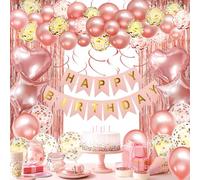 Decoraciones de cumpleaños de oro rosa - pancarta de feliz cumpleaños, globos de confeti, cortina de flecos, globos de papel de aluminio de estrella de corazón, remolinos colgantes para fiesta de