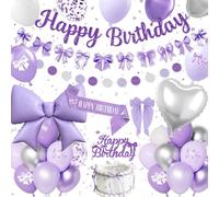 Decoraciones de cumpleaños moradas, juego de decoraciones de fiesta de lazo plateado morado, pancarta de feliz cumpleaños, globos morados, globo de papel de aluminio con lazo de corazón, clips para el