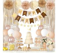 Decoraciones de cumpleaños neutras para mujeres, hombres y niñas, confeti de oro y arena blanca, globos metálicos, calcomanías de mariposa, cortina de flecos, pancarta de feliz cumpleaños, pompones de