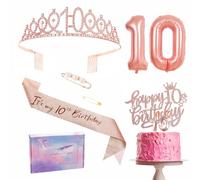 Decoraciones de cumpleaños número 10 de oro rosa: banda para niña, tiara, decoración de tartas, globos de aluminio, velas y regalos