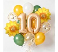 Decoraciones de cumpleaños número 10, globos de 10 cumpleaños girasol niños niñas, champán oro número 10 láminas globos amarillos verdes para niños 10 años decoración de fiesta (10.)