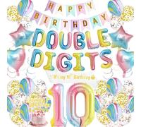 Decoraciones de cumpleaños número 10 para niñas - 74 piezas con temática de doble dígito que incluye pancarta, globos de aluminio del número 10, remolinos colgantes, banda It's My Birthday para