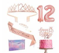Decoraciones de cumpleaños número 12 de oro rosa: banda, tiara, decoración de tartas, globos, velas y regalos para ella