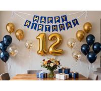 Decoraciones de cumpleaños número 12 para niños, globos metálicos de látex con confeti azul marino y dorado para niños, para él, hijo, suministros oficiales de cumpleaños preadolescentes de 12 años