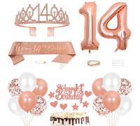 Decoraciones de cumpleaños número 14, corona de princesa, tiara de reina, banda de 14 años, decoración para tarta de 14 años, juego de globos para suministros de fiesta, oro rosa