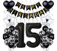 Decoraciones de cumpleaños número 15 con globos, Niño de cumpleaños número 15 negro, Decoraciones de fiesta en blanco y negro, Niño de niña de cumpleaños número 15, Decoraciones de cumpleaños de plata