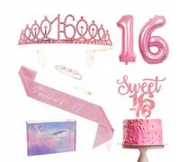 Decoraciones de cumpleaños número 16, juego de banda y tiara de cumpleaños número 16 para niña, banda de fiesta, corona, decoración de tartas, globos de aluminio, velas