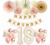 Decoraciones de cumpleaños número 18 para niñas, color champán, dorado, beige, decoración de fiesta bohemia, globo de aluminio número 18, pancarta de feliz cumpleaños, fanáticos, pompones, globo para