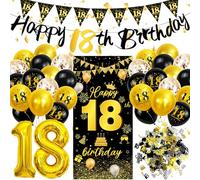 Decoraciones de cumpleaños número 18 para niños y niñas, pancartas de cumpleaños número 18, bandera triangular, 18 globos, color negro y dorado con Cnfetti Happy 18 años suministros para fiestas