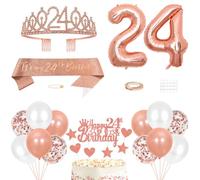 Decoraciones de cumpleaños número 24, corona de princesa, tiara de reina, banda de 24 años, decoración para tarta de 24 años, juego de globos para suministros de fiesta, oro rosa