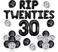 Decoraciones de cumpleaños número 30, color negro, decoraciones de los años veinte para mujeres y hombres, globos de Rip to My 20s, globos de la muerte a mis veintes, globos negros de aluminio 30 para