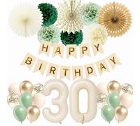 Decoraciones de cumpleaños número 30 para ella, decoración de fiesta verde salvia para mujer, globo de aluminio número 30, pancarta de feliz cumpleaños, fanáticos, pompones, globo para fiesta de