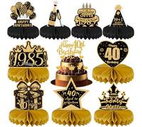 Decoraciones de cumpleaños número 40 para mujeres y hombres, 17 piezas de centro de mesa negro y dorado, centros de mesa de panal, suministros de decoración de pastel para decoración de fiesta de