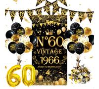 Decoraciones de cumpleaños número 60 para hombres y mujeres, suministros de fiesta vintage de oro negro de 1966 con globos de números, globos de látex, pancarta, confeti y banderines para suministros