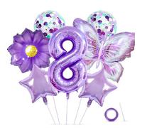 Decoraciones de cumpleaños número 8 - Globos de aluminio morados, juego de globos en forma de mariposa, flor y estrella para niñas, suministros de fiesta temática de hadas para niñas de 8 años