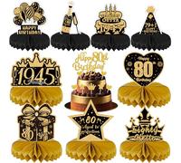 Decoraciones de cumpleaños número 80 para mujeres y hombres, 17 piezas de centro de mesa negro y dorado, centros de mesa de panal de abeja, suministros de decoración de pastel de feliz cumpleaños de