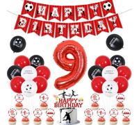 Decoraciones de cumpleaños número 9 para niños, pancarta roja de fútbol de feliz cumpleaños, decoración de cupcakes con temática de fútbol, globos de fútbol rojo, negro y blanco, globo de fútbol rojo