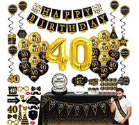 Decoraciones de cumpleaños para hombres Paquete de 76 banderas de fiesta de oro negro, banderines, remolinos colgantes, globos de cumpleaños, manteles, decoración de cupcakes, corona, platos,