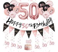 Decoraciones de cumpleaños para niñas: pancarta de cumpleaños negra de oro rosa, globos, remolinos colgantes, triángulo y decoración de tartas para niñas, suministros de fiesta de cumpleaños (oro rosa