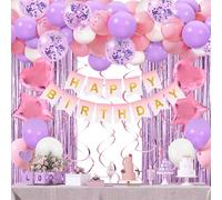 Decoraciones De Cumpleaños Púrpura Rosa Set,50pcs Púrpura Rosa Blancos Globos, Pancarta Feliz,Cortina De Flecos De Púrpura,Colgando Remolinos Para Decoracion Cumpleaños