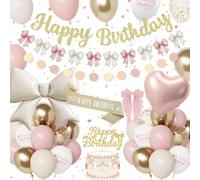 Decoraciones de cumpleaños rosas para mujeres, set de decoraciones de fiesta con lazo rosa polvoriento y oro, pancarta de feliz cumpleaños, globos rosas beige, globo de lazo metalizado, pinzas para el