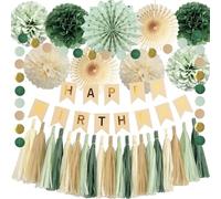Decoraciones de cumpleaños verde salvia, decoraciones de feliz cumpleaños verde y crema con pompones de papel crema salvia, borlas de papel, guirnalda de puntos circulares para niñas y mujeres