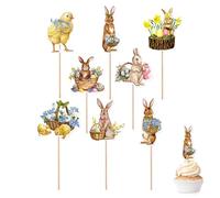 Decoraciones de cupcakes de Pascua, 8 piezas de púas de pastel de conejo de papel de dibujos animados, adornos de habitación de 5 x 4,9 cm, impresión clara para decoración de pasteles, pared de fotos