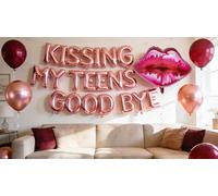 Decoraciones de despedida de adolescentes con texto en inglés "Kissing My Teens Goodby", fiesta de cumpleaños número 20, despedida de adolescentes, pancarta de globos para niñas y mujeres, cumpleaños