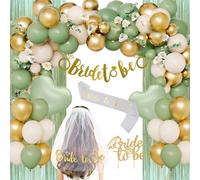 Decoraciones de despedida de soltera, decoraciones de novia para ser globos verde oliva, dorado y beige con banda de novia, pancarta, decoración de tartas, velo blanco, globos de aluminio de corazón