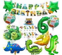 Decoraciones de dinosaurio para fiesta de cumpleaños número 4 para niños y niñas, globos de dinosaurio con estrella verde número 4 con pancarta de feliz cumpleaños, remolinos colgantes para