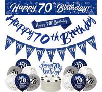 Decoraciones de feliz 70 cumpleaños para hombres, pancartas azul marino y plateadas, suministros para fiestas, banderines de 9 pies, bandera, confeti, globos de látex, adornos para tartas, banderas