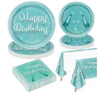 Decoraciones de Fiesta Azul Teal y Plata para 20 Invitados, Incluye Platos de Papel y Servilletas, Mantel de Cumpleaños Teal para Niñas y Mujeres