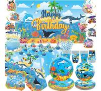 Decoraciones de fiesta bajo el mar, decoración de cumpleaños bajo el mar, platos, tazas, servilletas, mantel, telón de fondo, decoración de tartas, vajilla para océano, playa, suministros de fiesta