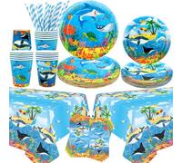 Decoraciones de fiesta bajo el mar - Vajilla de fiesta bajo el mar - Platos de cena, postres, platos, tazas, servilletas, 2 pajitas para cubrir la mesa para suministros de fiesta del mundo submarino