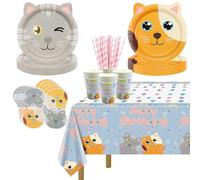 Decoraciones de fiesta con tema de gato, incluye platos, mantel de cumpleaños, servilletas, vasos para decoraciones de fiestas de cumpleaños infantiles, para 20 invitados