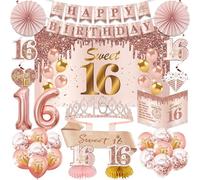 Decoraciones de fiesta de 16 años, decoración de cumpleaños número 16 rosa dorado para niñas: corona de 16 años, telón de fondo, globos, tarjetas de felicitación, centros de mesa, remolinos colgantes