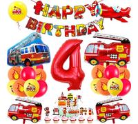 Decoraciones de fiesta de camión de bomberos de 4 años, globos de fiesta de cumpleaños, globos de fuego, globo jumbo para fogatas, caza, decoración de rescate, suministros de bomberos