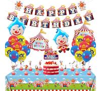 Decoraciones de fiesta de carnaval, incluye pancarta de feliz cumpleaños de circo, globos, mantel, decor para cupcakes, decor de fiesta de carnaval de circo para niños y niñas