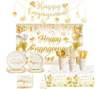 Decoraciones de fiesta de compromiso, kit de suministros para fiesta de compromiso, con texto en inglés "He Asked She Said Y", platos de papel, servilletas, vajilla desechable, telón de fondo para