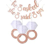 Decoraciones de fiesta de compromiso, suministros de ducha nupcial, él pidió que sí guirnalda rosa oro brillo diamante anillos (3 piezas), comprometido bandera rosa oro brillo letras para compromiso...