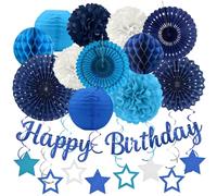 Decoraciones de Fiesta de Cumpleaños Azul Marino: 29 Piezas Decoraciones de Fiesta Azul para Hombres y Niños, Pancartas de Felicitación, Tiras de Papel, Faroles y Pompones de Papel - ZERODECO