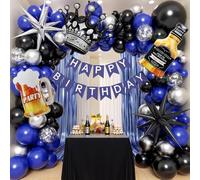 Decoraciones de fiesta de cumpleaños azul y negro, azul marino, negro, metálico, plateado, confeti, globos de aluminio, cortinas con flecos para decoraciones de cumpleaños 21, 25, 27, 30, 35, 40, 50