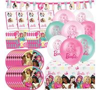 Decoraciones de fiesta de cumpleaños Barbie | 16 invitados | Tatuajes, mantel, platos, servilletas, globos, pancarta, lista de verificación | Producto oficial
