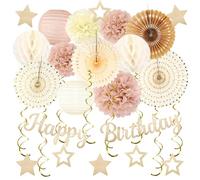 Decoraciones de fiesta de cumpleaños bohemias de color dorado champán - 29 unidades de tonos beige crema otoño-retro decoraciones para mujeres y niñas: pancartas de feliz cumpleaños, tiras de papel