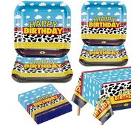 Decoraciones de fiesta de cumpleaños con temática de historia para 20 invitados, incluye platos de papel de feliz cumpleaños, mantel de cielo azul, servilletas con patrón de vaca, suministros de