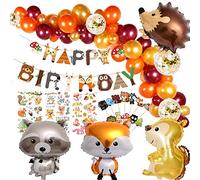 Decoraciones de fiesta de cumpleaños de animales, pancarta de feliz cumpleaños del bosque, erizo, ardilla, zorro, guirnalda de globos de animales de mapache y kit de arco para niño y niña, suministros